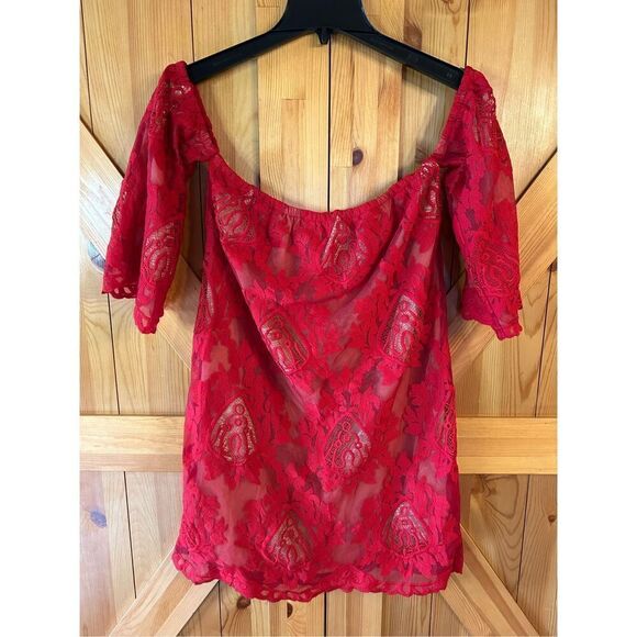 Storee Off The Shoulder Red Lace Shift Dress Womens Size Small (0066) - Picture 1 of 10
